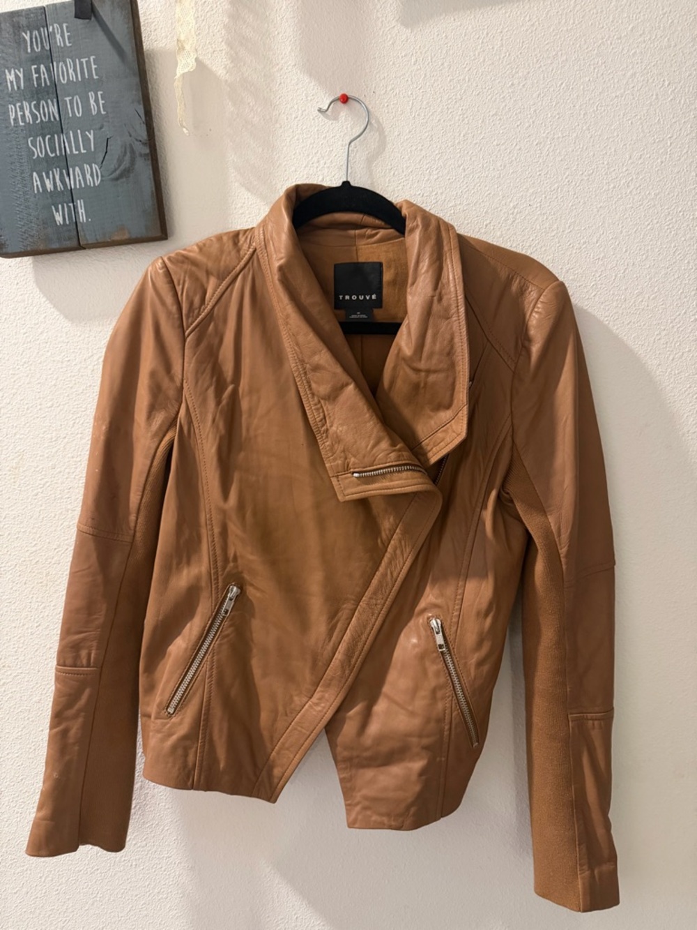 Trouve Tan Leather Asymmetrical Moto Jacket